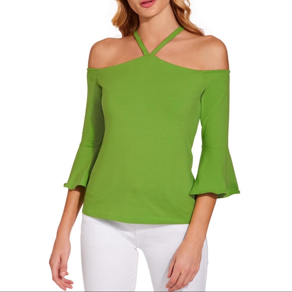 Boston Proper Lime Green Off-Shoulder Strappy Bell Sleeve Top